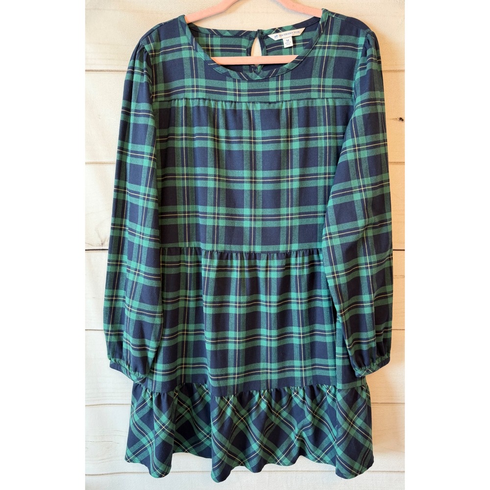 Southern Tide Womens Green Navy Plaid Tiered Long Sleeve Babydoll Dress Size M